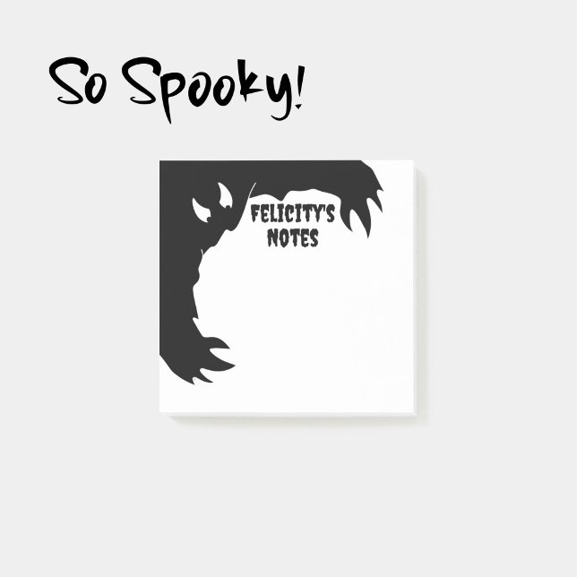 Personalized Halloween Notepad Funny Monster       (Personalized Halloween notepad with a cartoon of a funny black hairy monster reaching for the notes.)