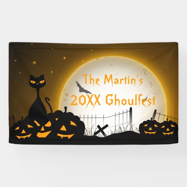 Personalized Halloween Party Banner Cat Pumpkins (Horizontal)