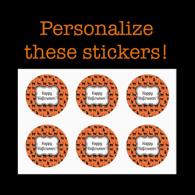 Personalized Halloween Party Orange Black Cat Classic Round Sticker (Personalize it!)