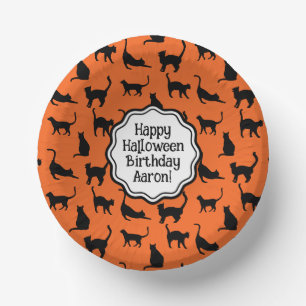 Personalized Halloween Party Orange Black Cat Paper Bowls