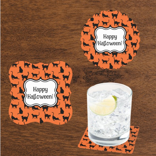 Personalized Halloween Party Orange Black Cat Paper Coaster (Personalize with your own message coasters)
