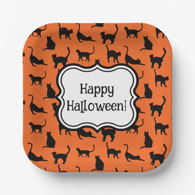 Personalized Halloween Party Orange Black Cat Paper Plates (Front)