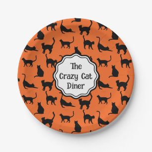 Personalized Halloween Party Orange Black Cat Paper Plates