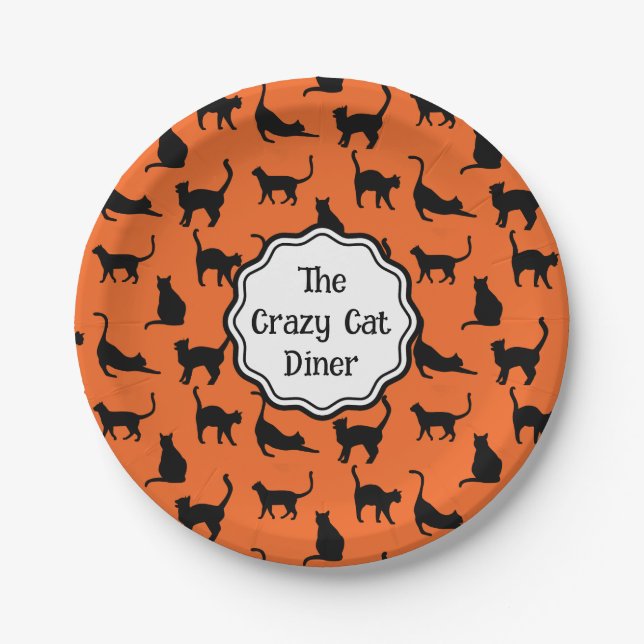 Personalized Halloween Party Orange Black Cat Paper Plates (Front)