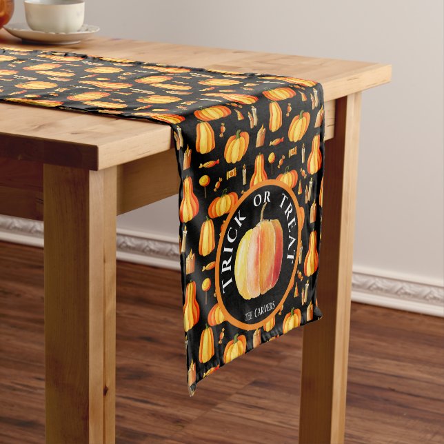 Personalized Halloween Pattern with Orange Pumpkin Long Table Runner (In Situ)