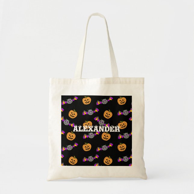 Personalized Halloween Pumpkin and Bats Tote Bag (Front)