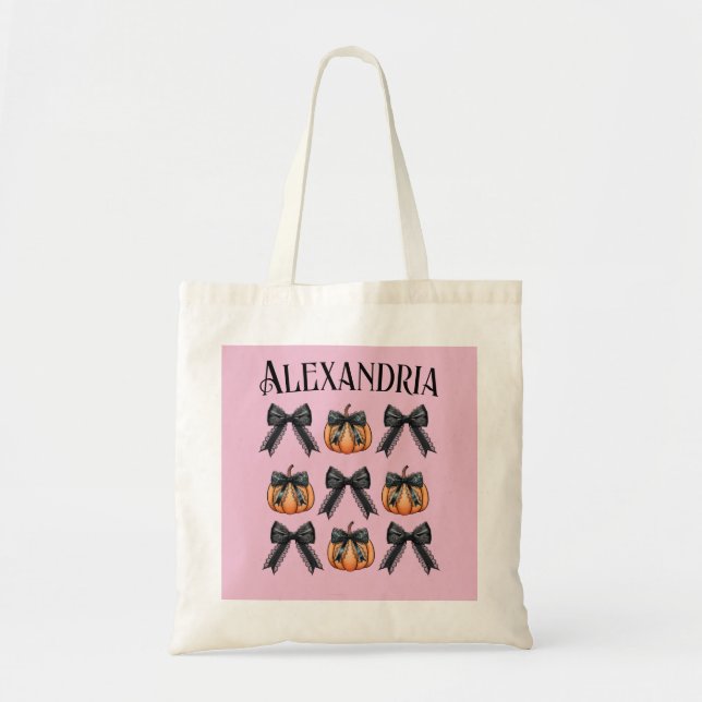 Personalized Halloween Pumpkin Bow Pink Tote Bag (Front)