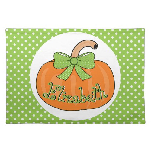 Personalized Halloween Pumpkin Green Polka Dot Bow Cloth Placemat