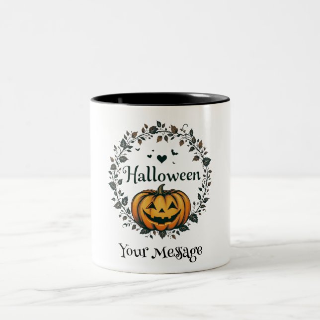 Personalized Halloween Pumpkin Wreath Two-Tone Mug (Center)