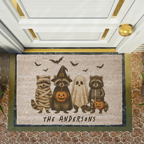 Personalized Halloween Racoon Family Monogram Fiber Doormat