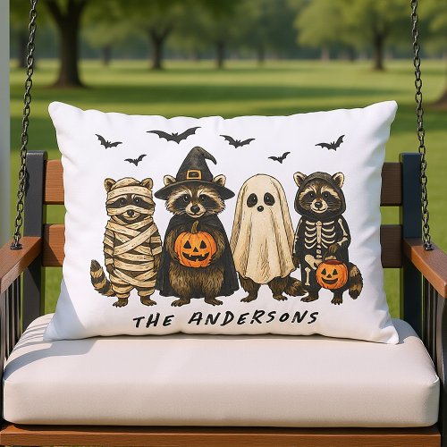 Personalized Halloween Racoon Family Monogram Outdoor Pillow