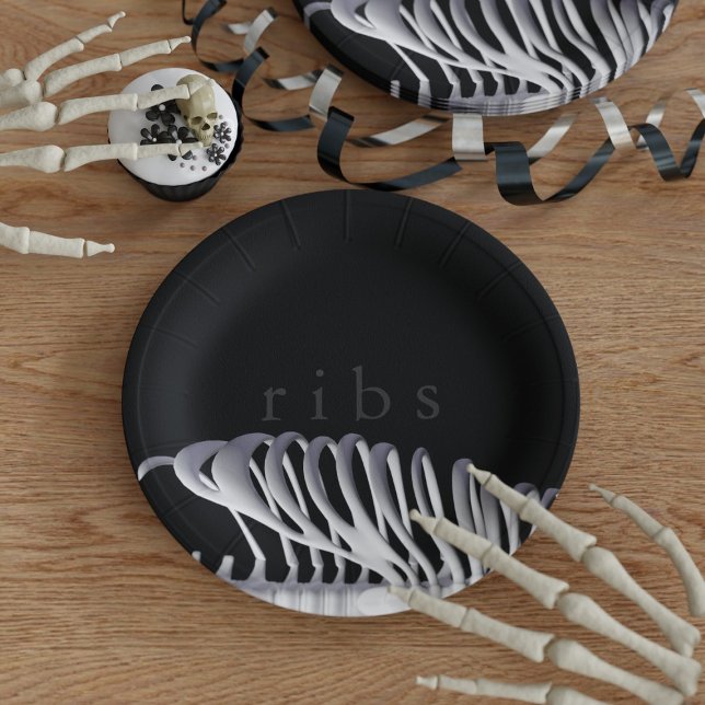 Personalized Halloween Skeleton Ribs Black White Paper Plates (Creator Uploaded)