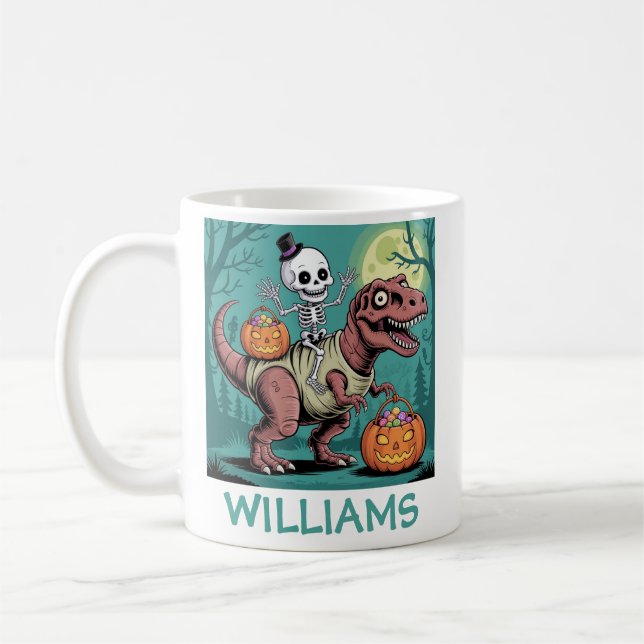 Personalized Halloween Skeleton Riding Dinosaur Coffee Mug (Left)