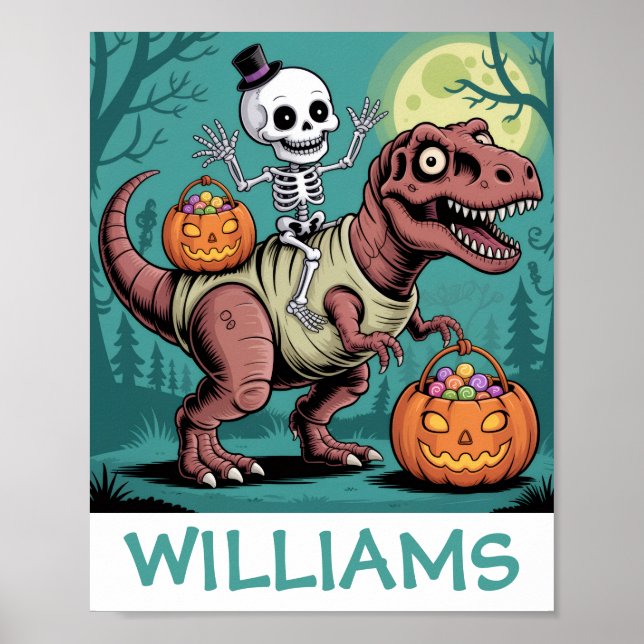 Personalized Halloween Skeleton Riding Dinosaur Poster (Front)