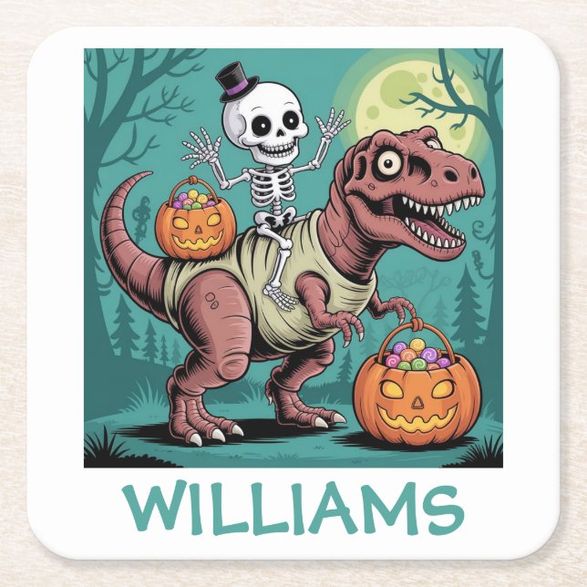 Personalized Halloween Skeleton Riding Dinosaur Square Paper Coaster (Front)
