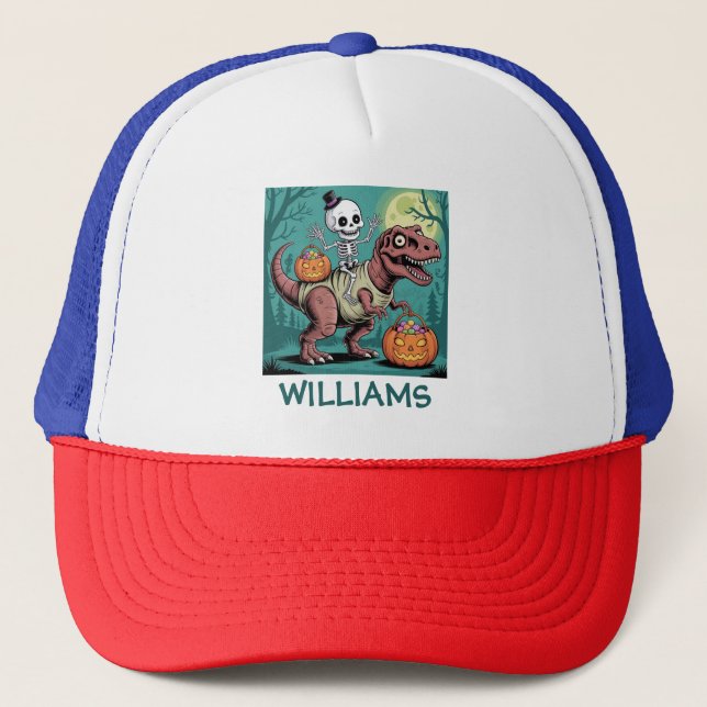 Personalized Halloween Skeleton Riding Dinosaur Trucker Hat (Front)