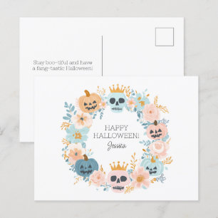 Personalized Halloween Skull Pumpkin Floral Chic Holiday Postcard