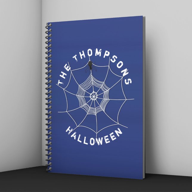 Personalized Halloween Spider Web Notebook (Blue Halloween notebook with spider web and spider design personalized with name.)