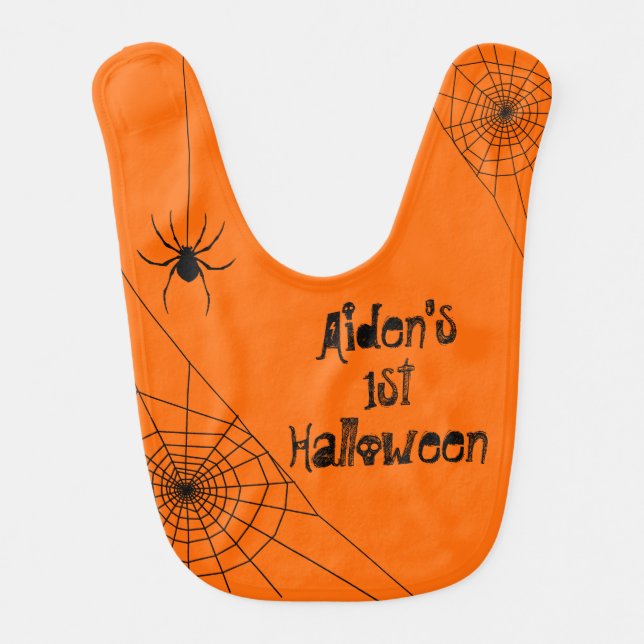 Personalized Halloween Spider Web Orange and Grey Baby Bib (Front)
