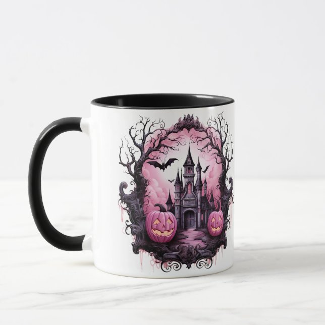Personalized Halloween Spooky House, Bats, Pumpkin Mug (Left)