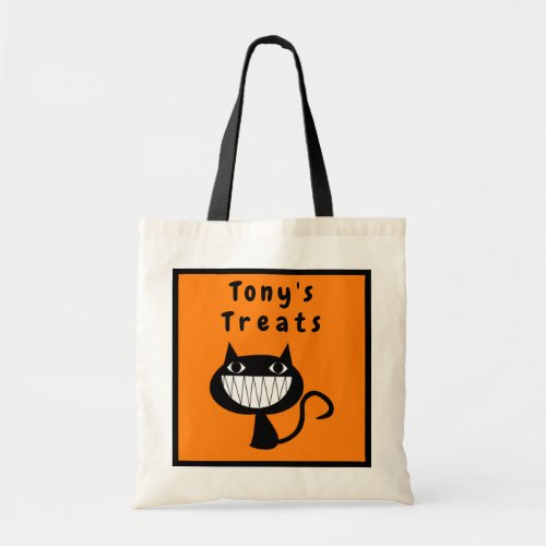 Personalized Halloween Treats Smiling Black Cat Tote Bag