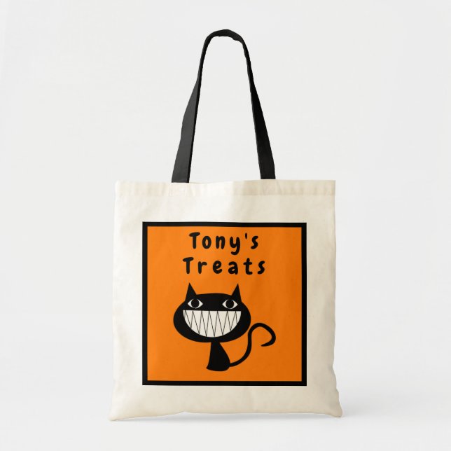 Personalized Halloween Treats Smiling Black Cat Tote Bag (Front)