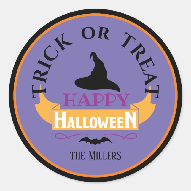 Personalized, Halloween Trick or Treat w/Witch Hat Classic Round Sticker (Front)