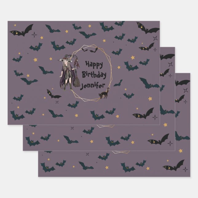 Personalized Halloween Witch/Bats Pattern Wrapping Paper Sheets (Set)