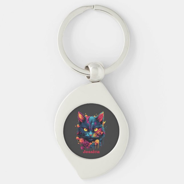 Personalized Halloween/Witch/Wizard/Goth Cat Keychain (Front)