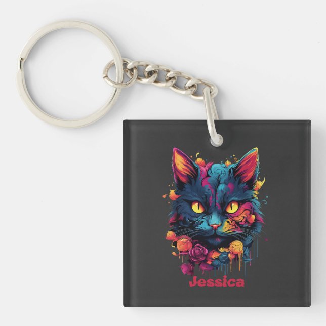 Personalized Halloween/Witch/Wizard/Goth Cat Keychain (Front)