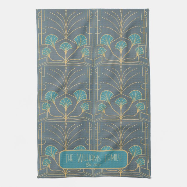 Personalized Hand drawn Art Deco Fountain Tile Kitchen Towel (Vertical)