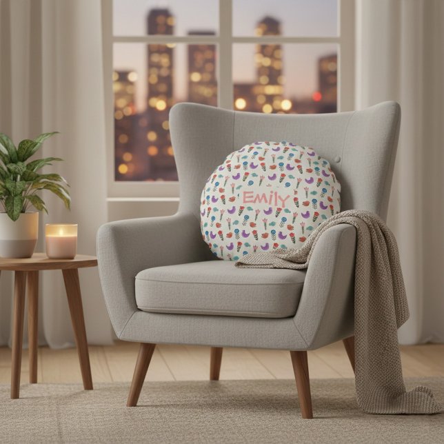 Personalized Hand-Drawn Folk Art Floral  Round Pillow (Creator Uploaded)