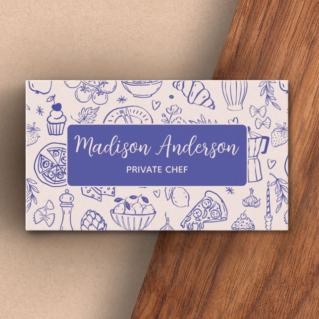 Personalized Hand Drawn Food QR Code Navy Blue Business Card (In situ)