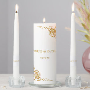 Personalized Hand Drawn Golden Roses Wedding Unity Candle Set
