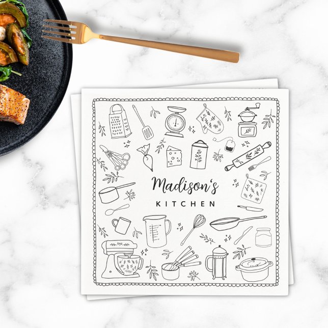 Personalized Hand Drawn Kitchen Cooking Utensils Napkins (In situ)