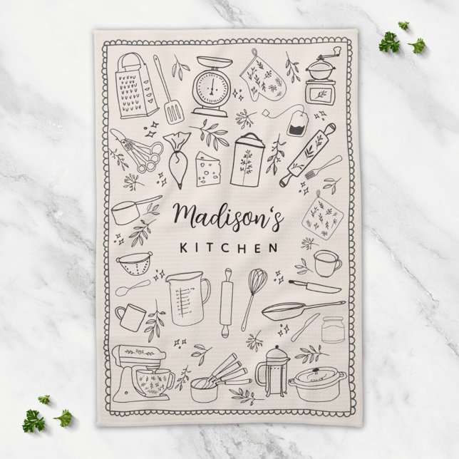 Personalized Hand Drawn Kitchen Cooking Utensils  Towel (In situ)