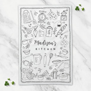 Personalized Hand Drawn Kitchen Cooking Utensils Towel