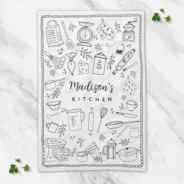 Personalized Hand Drawn Kitchen Cooking Utensils  Towel (In situ)