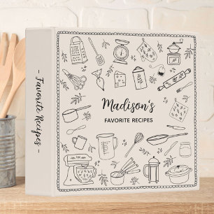 Personalized Hand Drawn Kitchen Utensils Recipe 3 Ring Binder