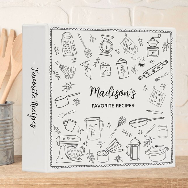 Personalized Hand Drawn Kitchen Utensils Recipe 3 Ring Binder (In situ)
