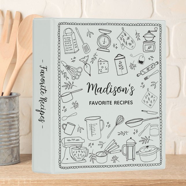 Personalized Hand Drawn Kitchen Utensils Recipe Mini Binder (In situ)