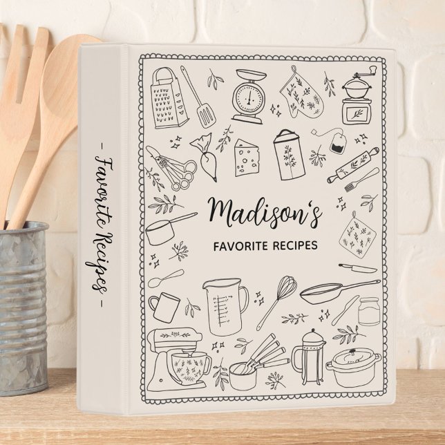 Personalized Hand Drawn Kitchen Utensils Recipe Mini Binder (In situ)