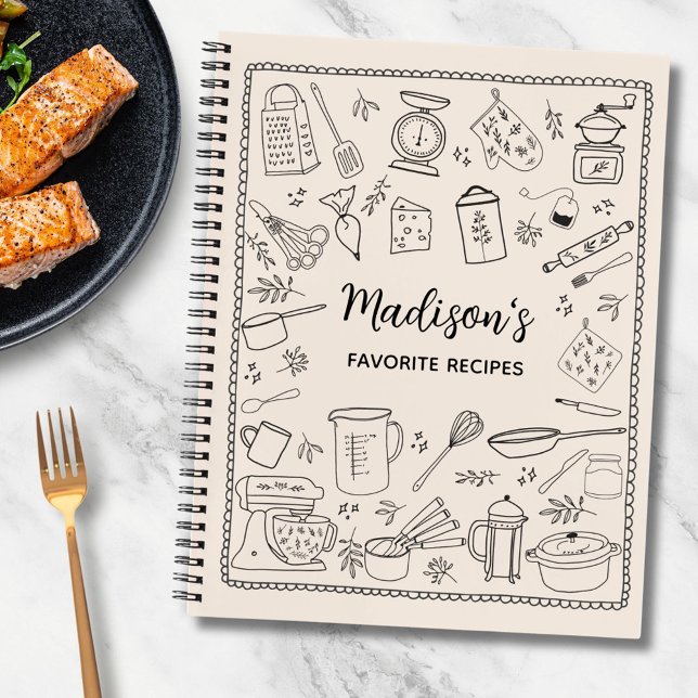 Personalized Hand Drawn Kitchen Utensils Recipe Notebook (In situ)