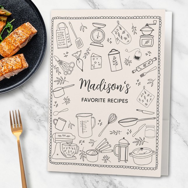 Personalized Hand Drawn Kitchen Utensils Recipe Pocket Folder (In situ)