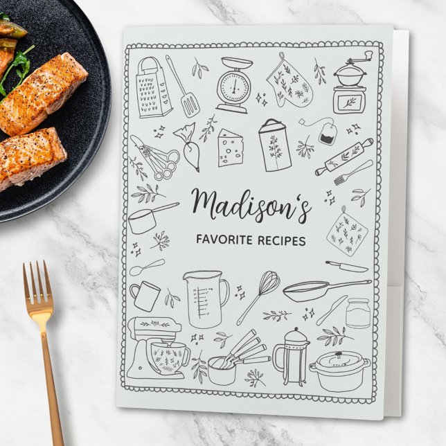 Personalized Hand Drawn Kitchen Utensils Recipe Pocket Folder (In situ)