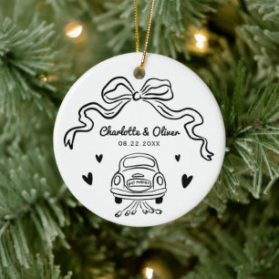 Personalized Hand Drawn Whimsical Bow Wedding Ceramic Ornament
