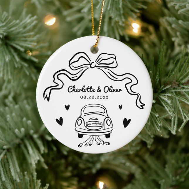 Personalized Hand Drawn Whimsical Bow Wedding Ceramic Ornament (Tree)