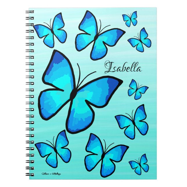 Personalized Hand-painted Blue Butterflies Ombre Notebook (Front)