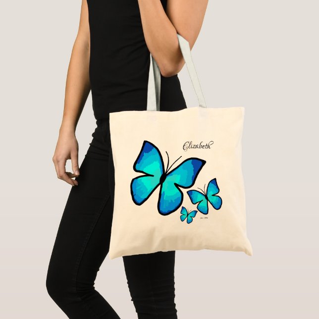 Personalized Hand-painted Blue Butterflies Tote Bag (Front (Product))