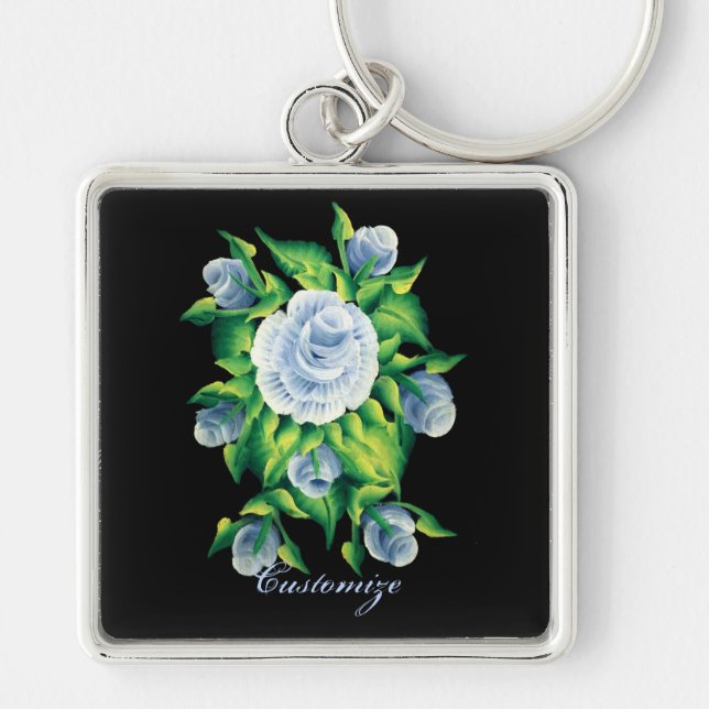 Personalized Hand Painted Blue Roses Key Chain 3 (Front)